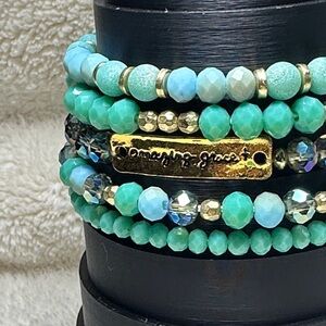 Stackable Beaded Bracelet Set of 5 Amazing Grace Teal Green Shades & Gold NWOT